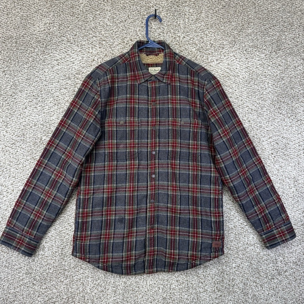 LL Bean Flannel Shirt Men's Small Sherpa Lined Plaid Shacket Shirt Jacket 505647
